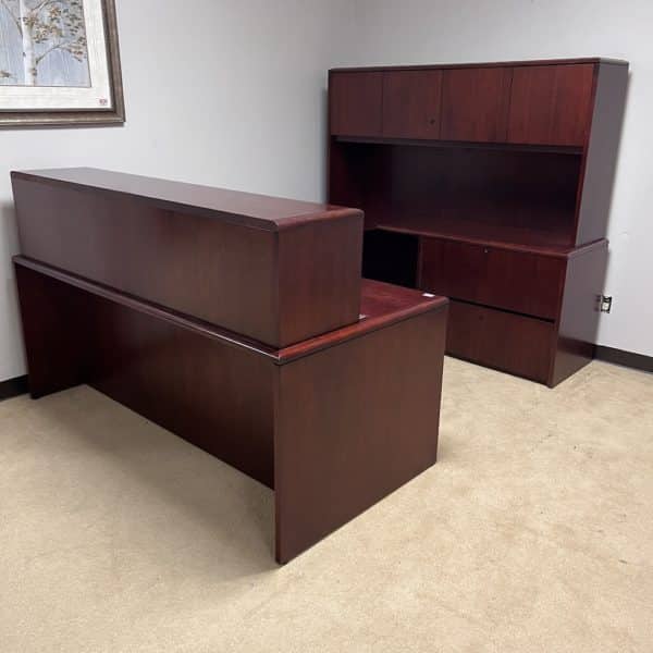 Reception U-Desk with Hutch, mahogany, front