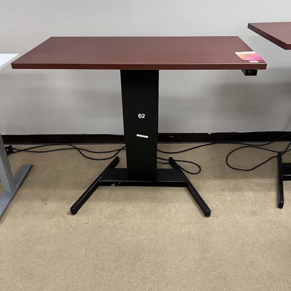 Electric Height Adjustable Standing Desk with cherry laminate top and black metal base