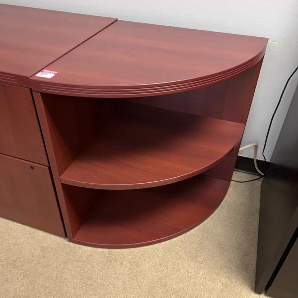cherry u-desk, corner bookcase with rounded front