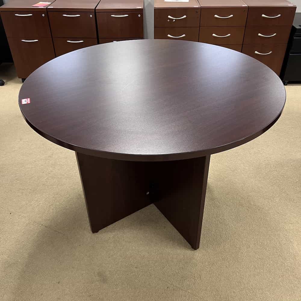 mahogany 42" round break room table laminate with x base