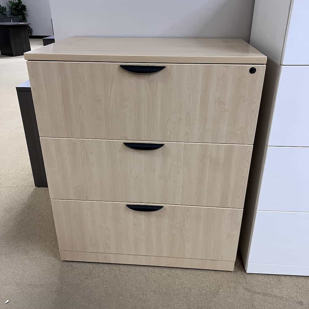 3 drawer lateral file maple laminate with black pulls