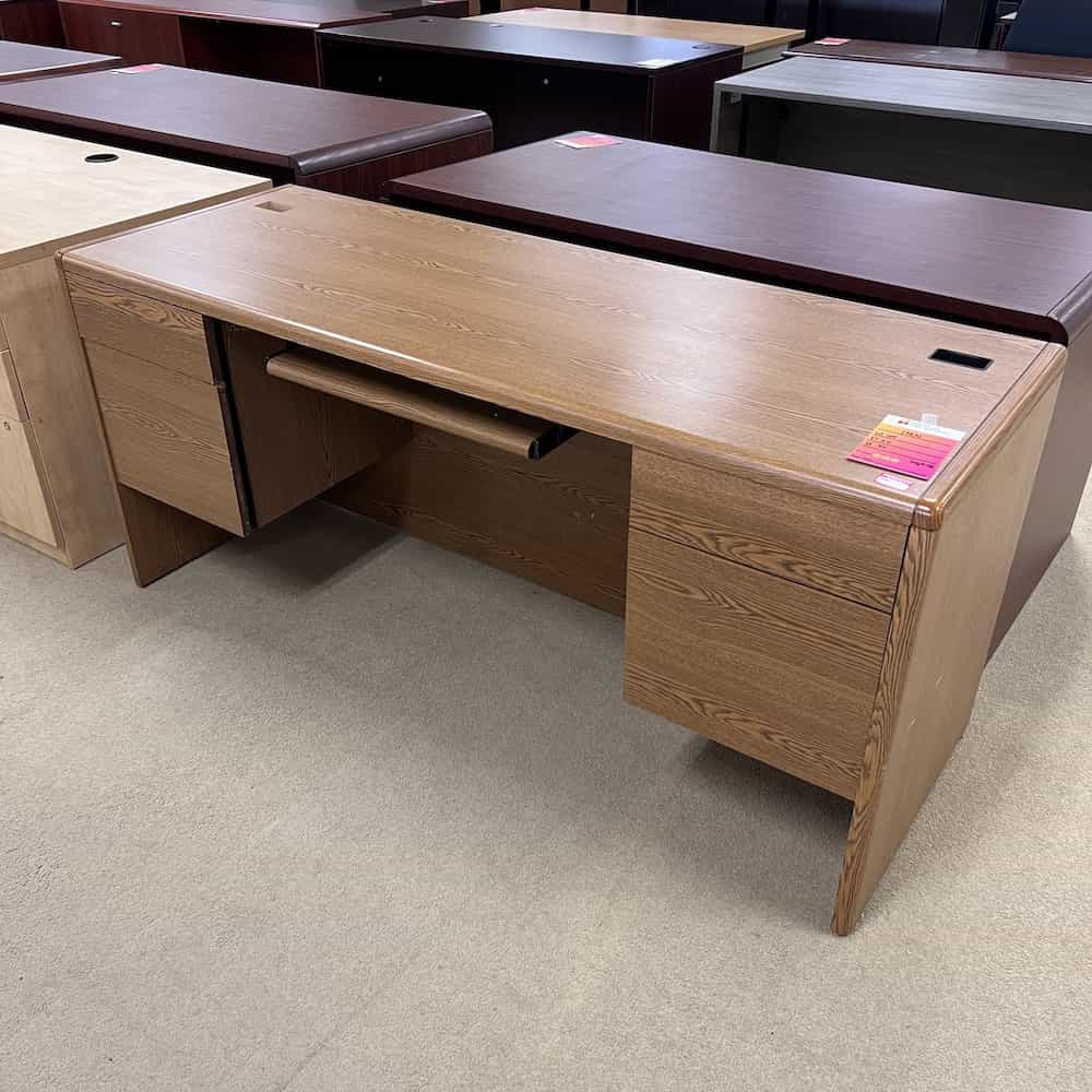 oak desk laminate with two hanging files and keyboard drawer