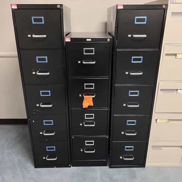 various metal 4-5 drawer file cabinets, black