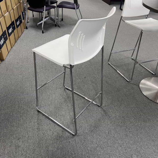 white bar height plastic seat stool, back view