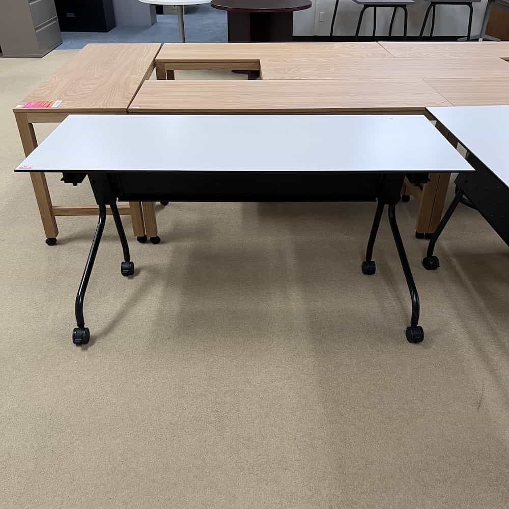white table with black base, rectangle, flip top