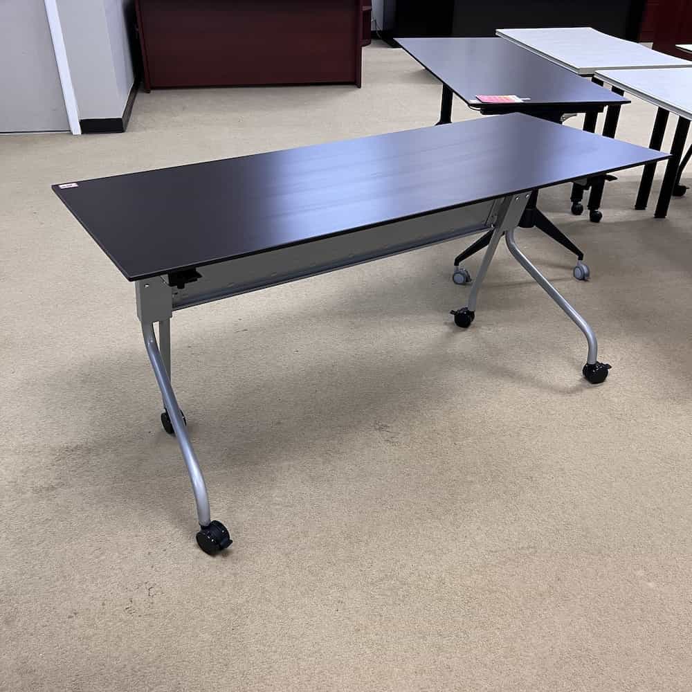 espresso and silver flip top training table rolling, down