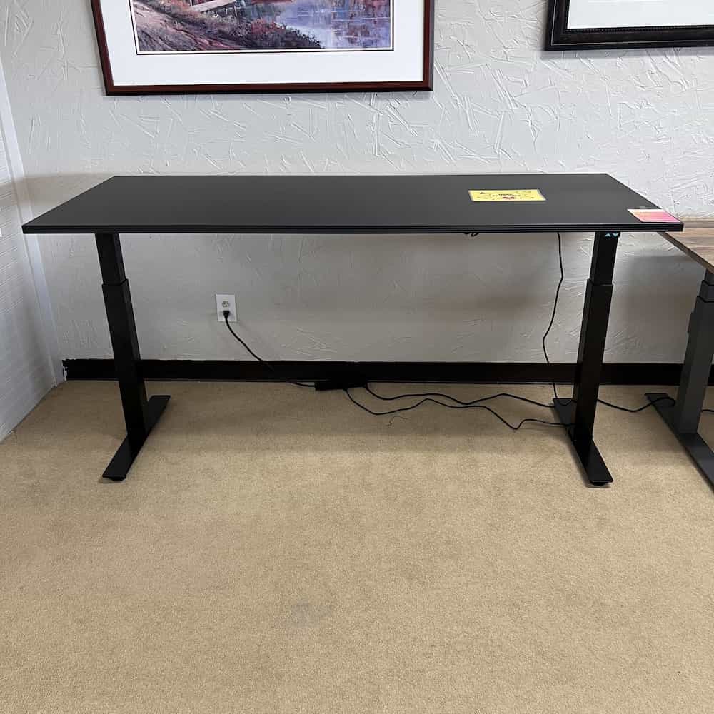 black electric adjustable height desk, black legs