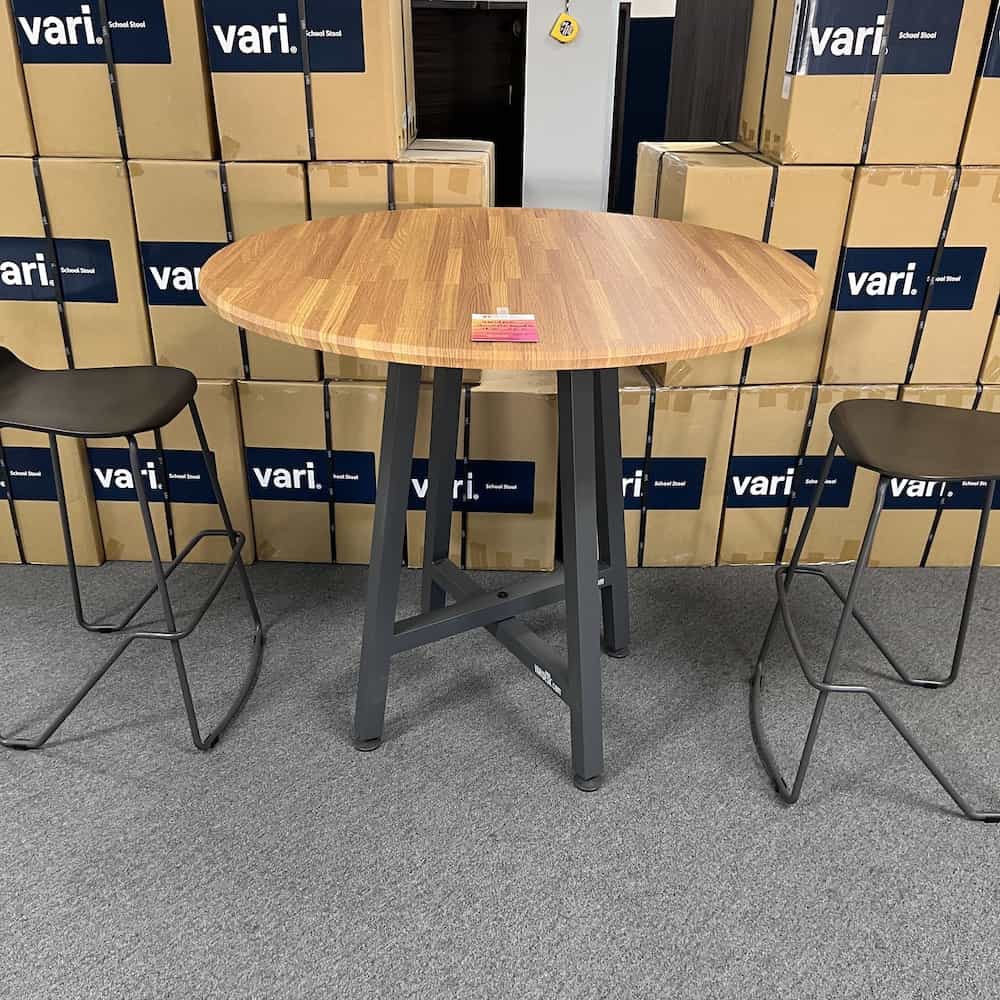 butcher block brown top and grey legs, Bar Height Table round