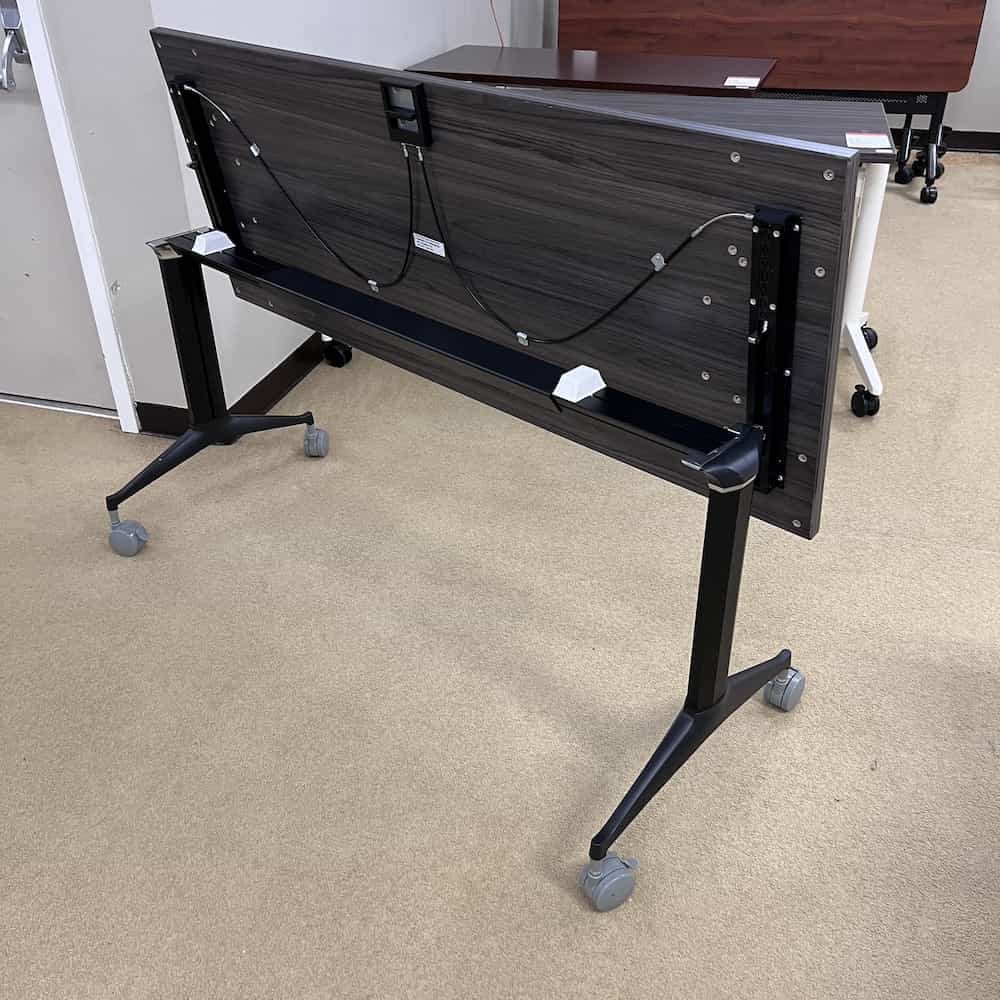 grey training table rolling, black legs, flip top with wheels