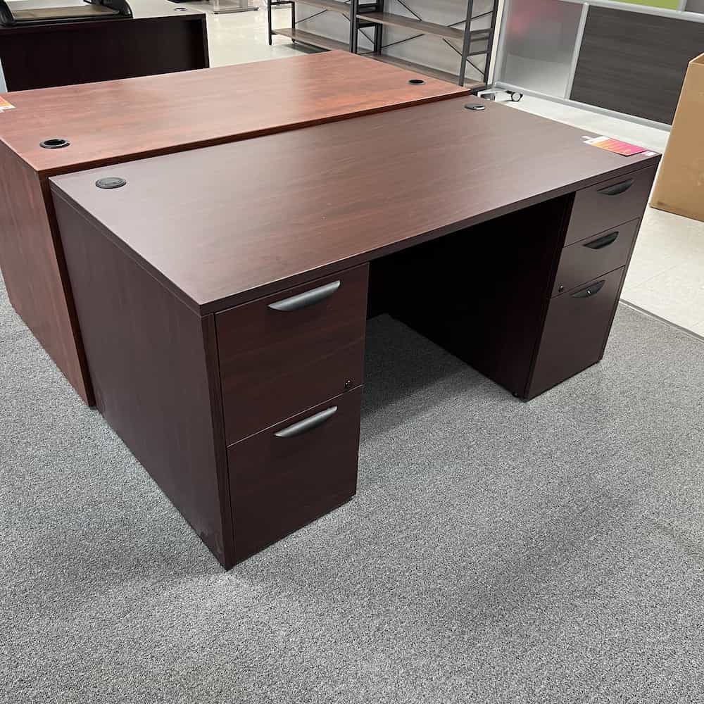 mahogany double pedestal straight desk with black handles