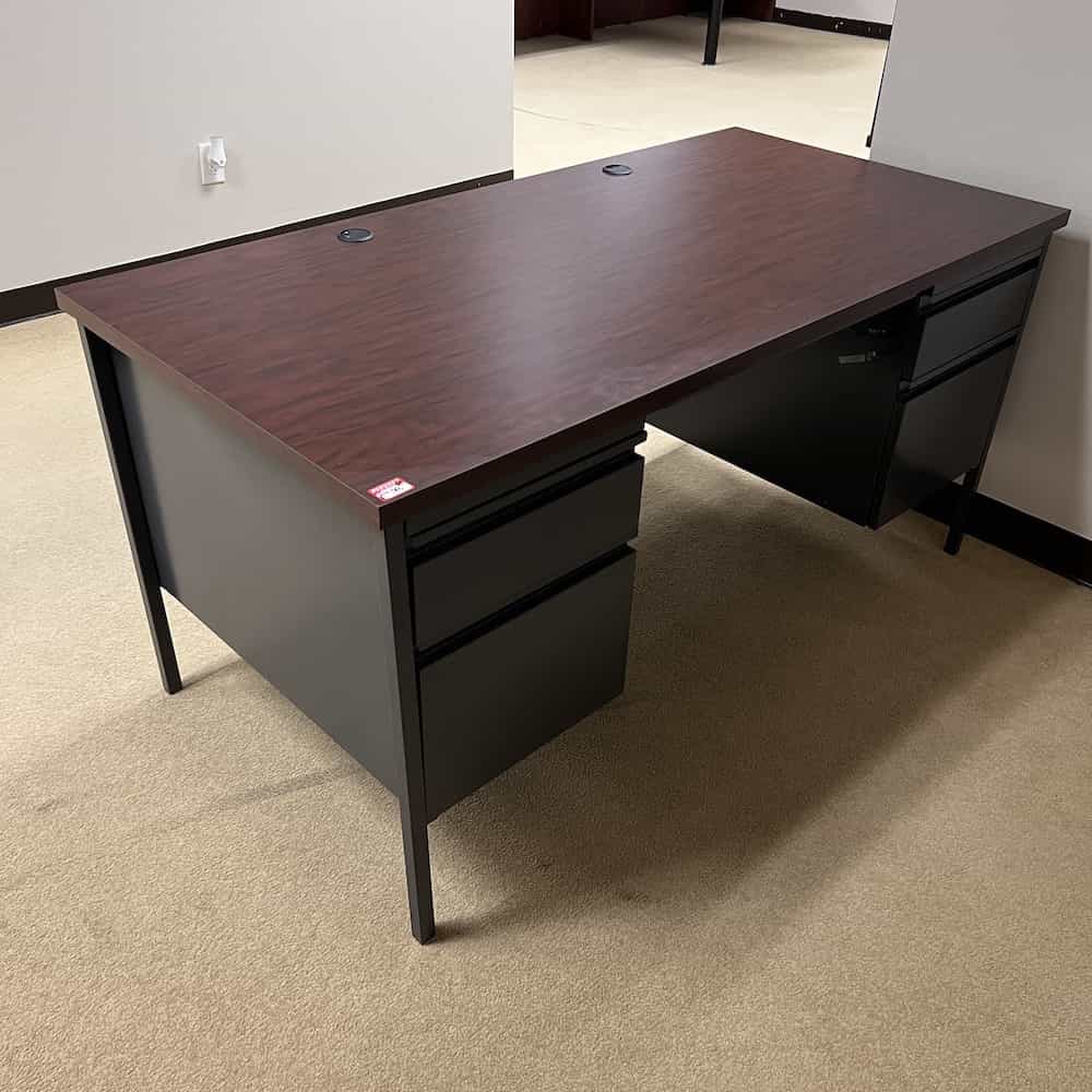 grey metal desk with laminate mahogany top