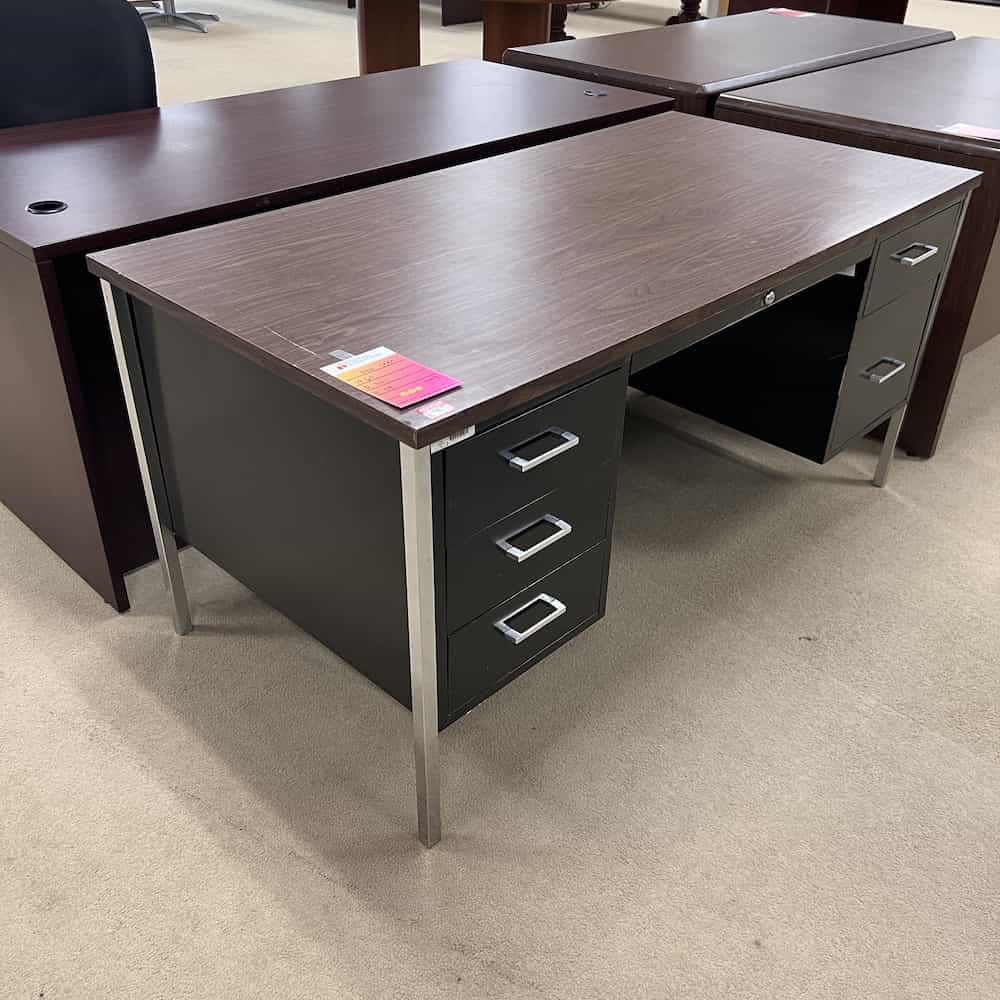 60" Hon Walnut and Black Metal Desk with 2 Hanging Files Office