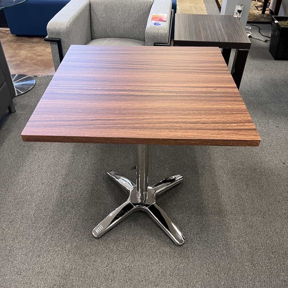 wood grain top, square table, chrome base