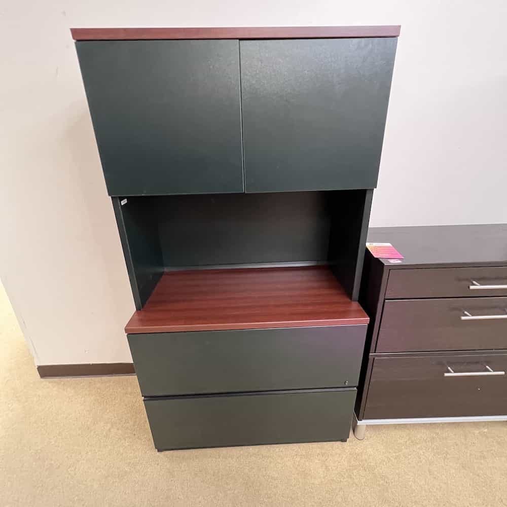 2 Drawer Lateral File with Hutch, green and cherry laminate