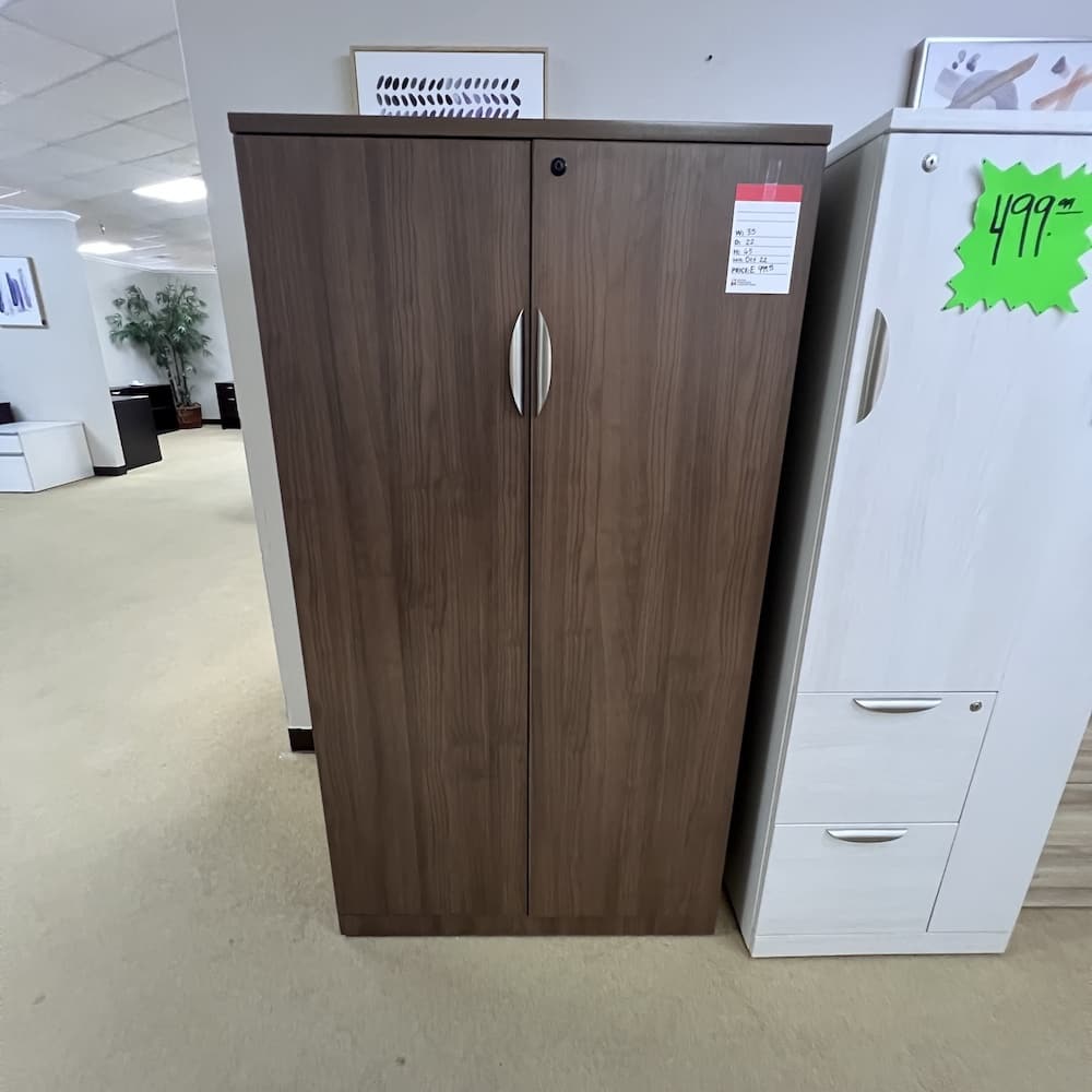 walnut laminate storage cabinet with shelving inside, 2 door, used office furniture