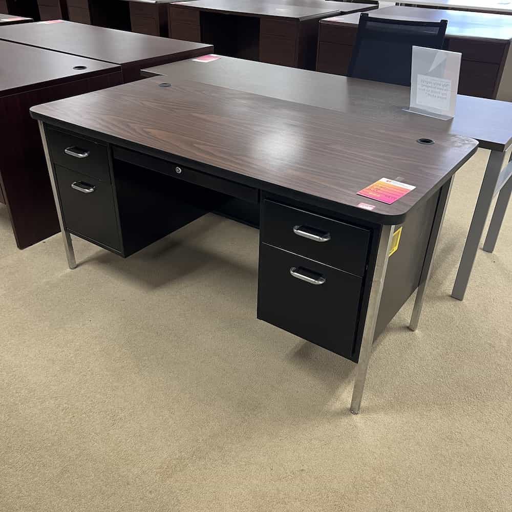 walnut and black metal desk with laminate top
