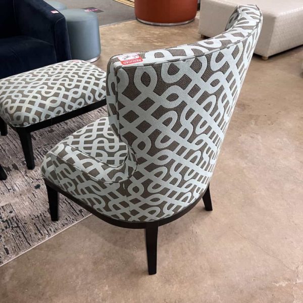 Wingback Chair, blue and taupe geometric