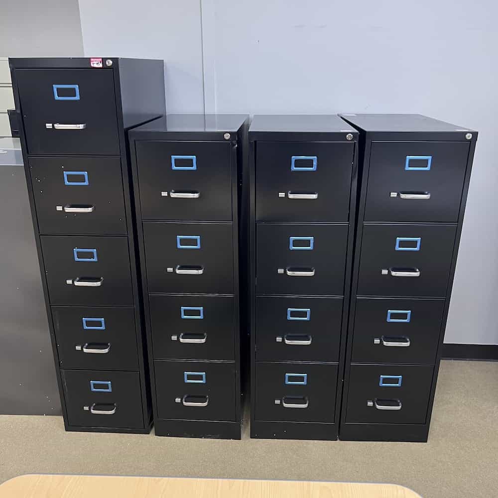 black metal vertical file cabinets, one 5 drawer, there 4 drawer