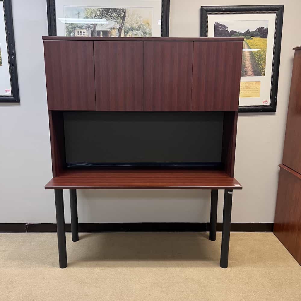 grey and cherry desk on 4 round legs, and hutch on top