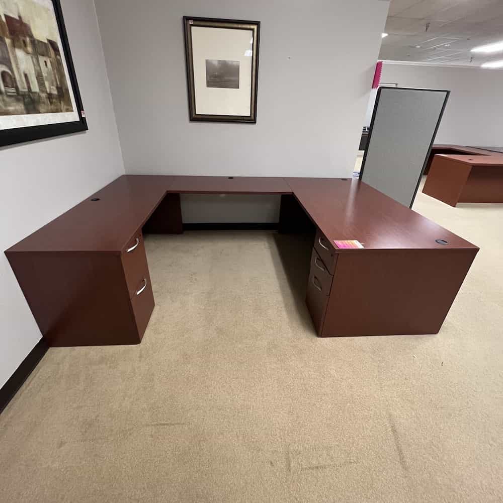 72" Kimball Cherry and Silver UDesk with 2 Pedestal Files Left