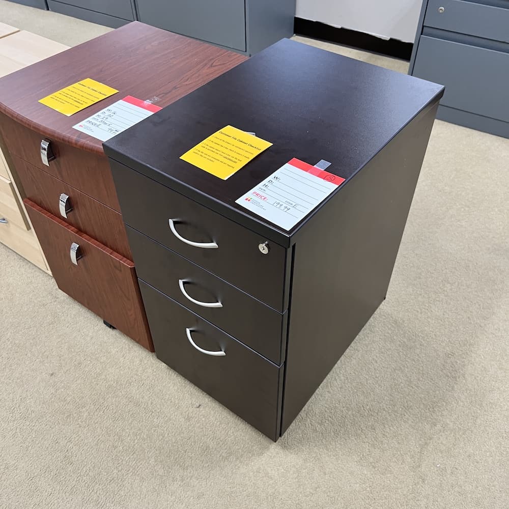 espresso laminate box box file with silver pulls, vertical storage cabinet, used office furniture