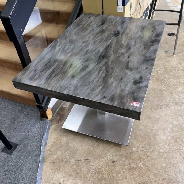 grey, rectangle table with silver square base