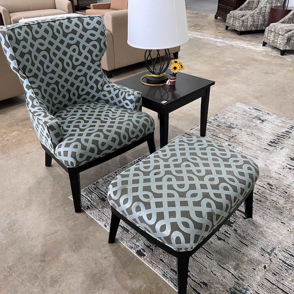 teal pattern arm chair with ottoman