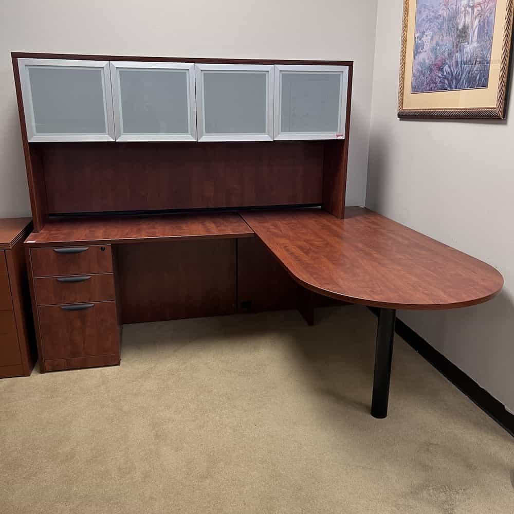 cherry l-desk bull nose with glass doors on hutch