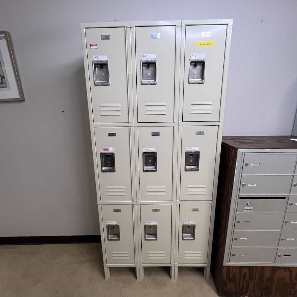 asi locker 3x3 9 door metal locker beige used