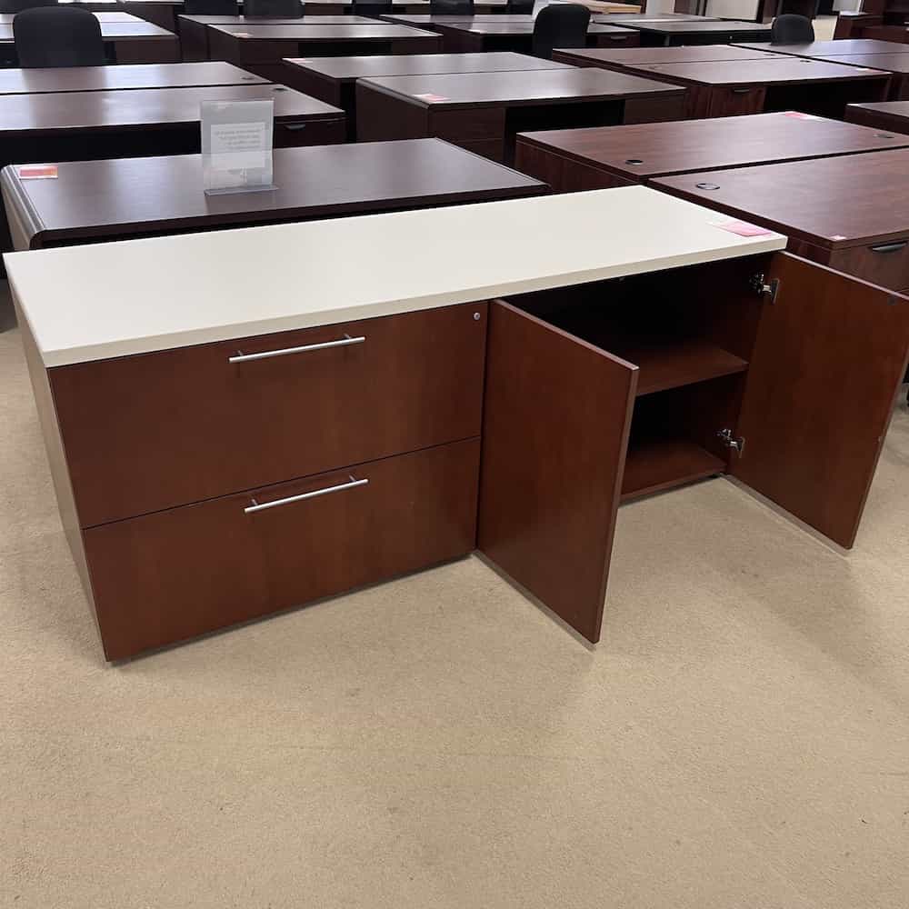 mahogany credenza with white laminate top and 2 drawer lateral, 2 door cabinet