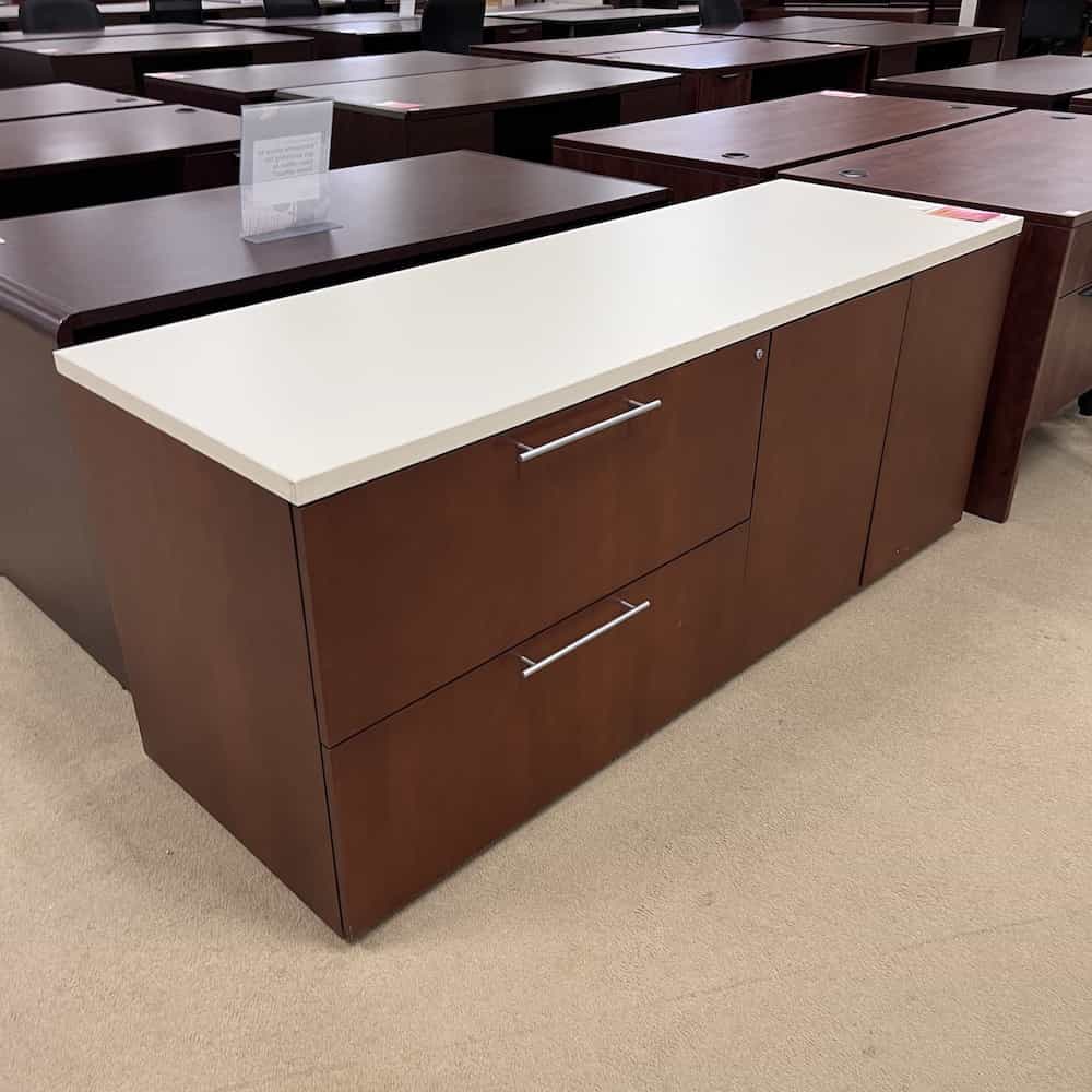 mahogany credenza with white laminate top and 2 drawer lateral, 2 door cabinet