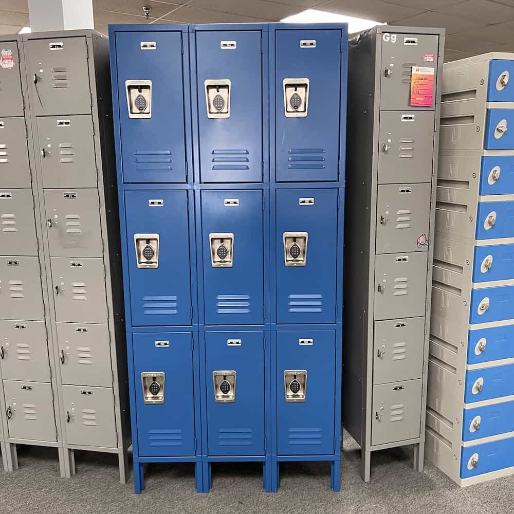 blue metal locker system, 3 x 3