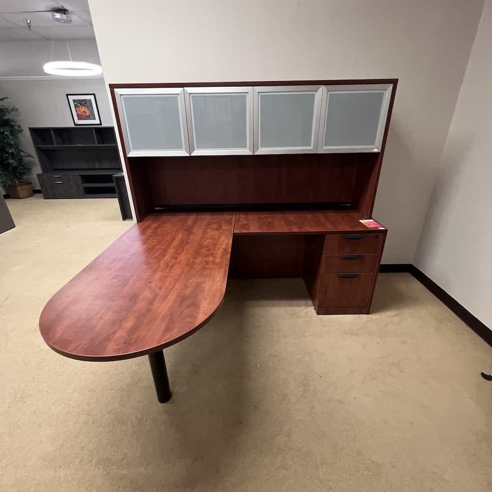 cherry l-desk bull nose with hutch and glass doors