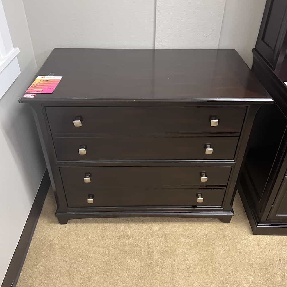 espresso veneer wood 2 drawer lateral with silver pulls