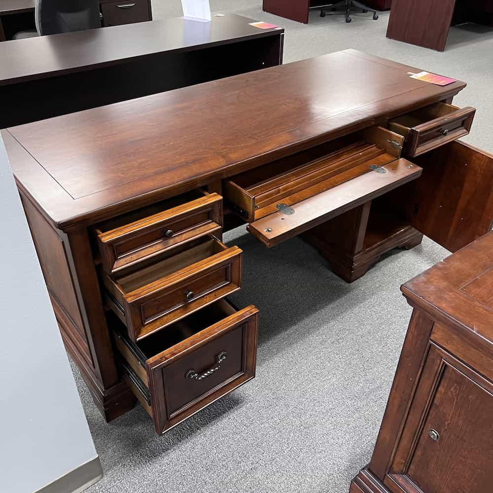 walnut executive desk with double pedestal, drawers open