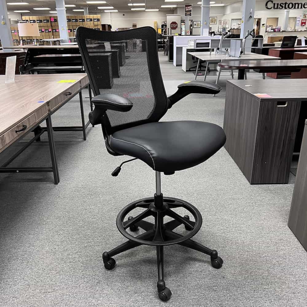 black mesh back stool with vinyl seat for office with flip up and back arms