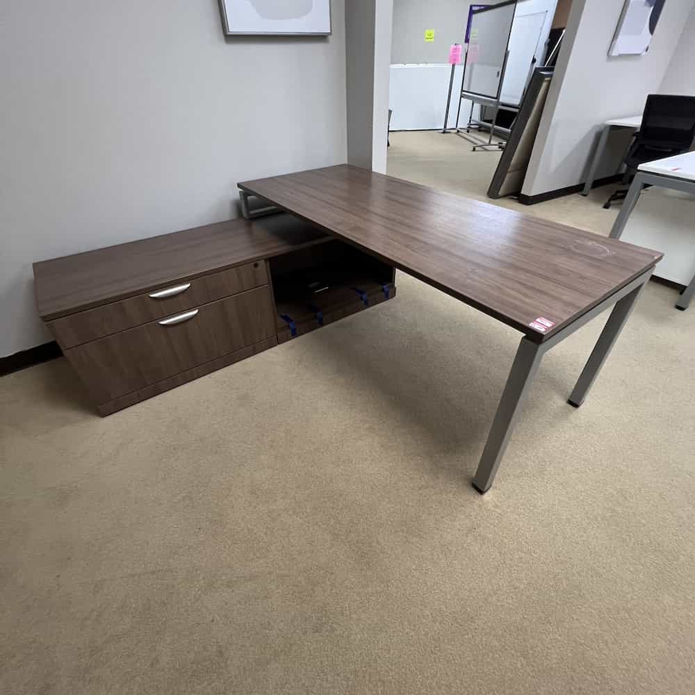walnut l-desk table left return tiered with lateral drawers