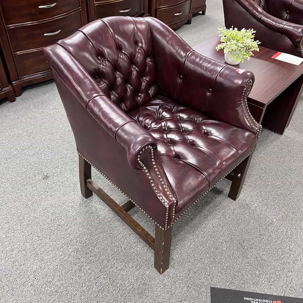 traditional Mid back Arm Chair, maroon burgundy vinyl with brass nail heads and walnut legs