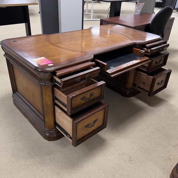 burled wood cherry executive desk, extra fancy, drawers open