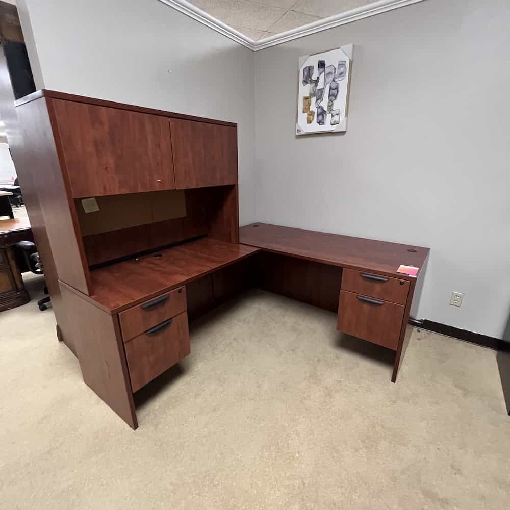 cherry l-desk with hutch and 2 pedestal files