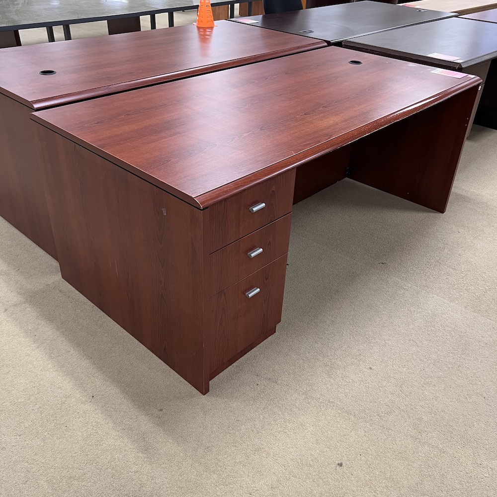 cherry laminate indiana furniture desk one pedestal box box file on the left, silver pulls