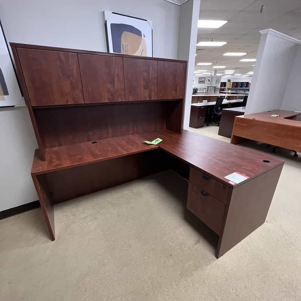 cherry l-desk with box file and hutch with 4 laminate doors 60 x 77