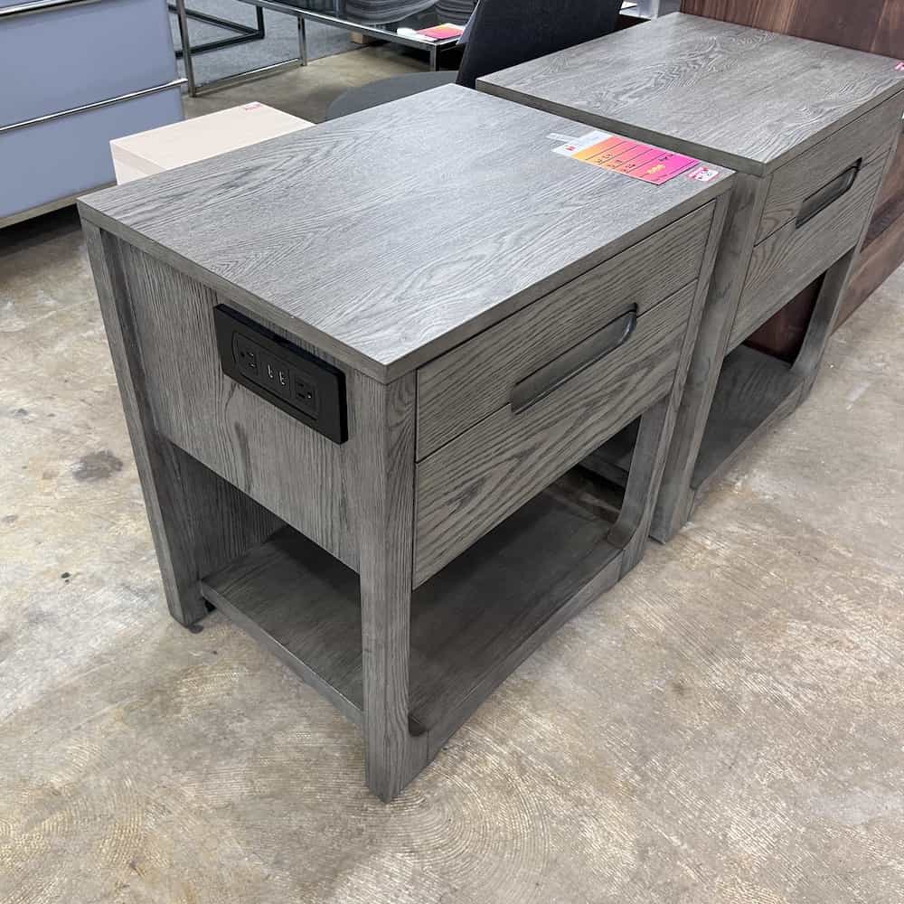 grey weathered 2 drawer nightstand with electric plugs