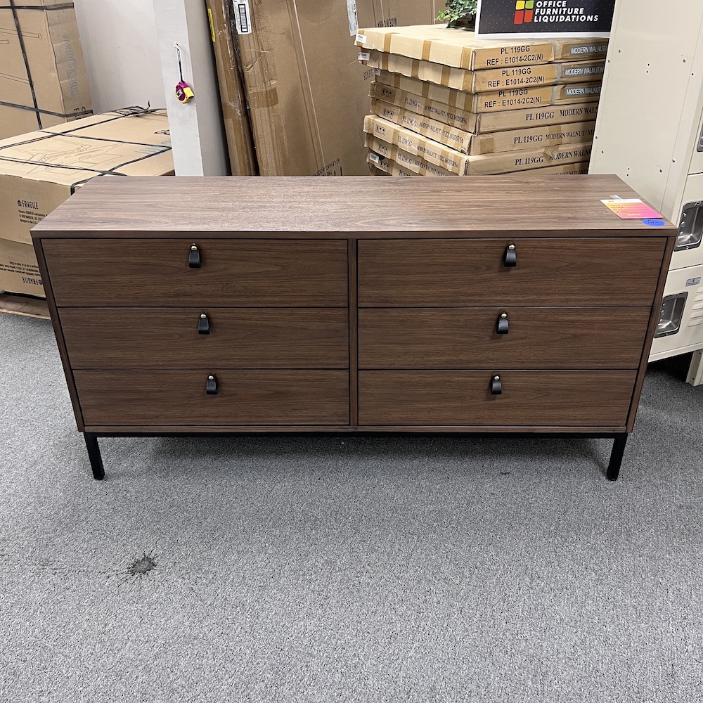 walnut 6 drawer dresser with gold and black pulls