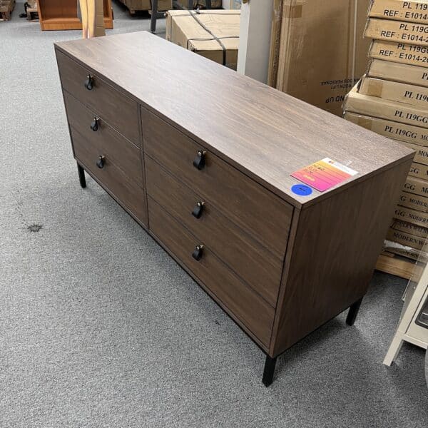 walnut 6 drawer dresser with gold and black pulls