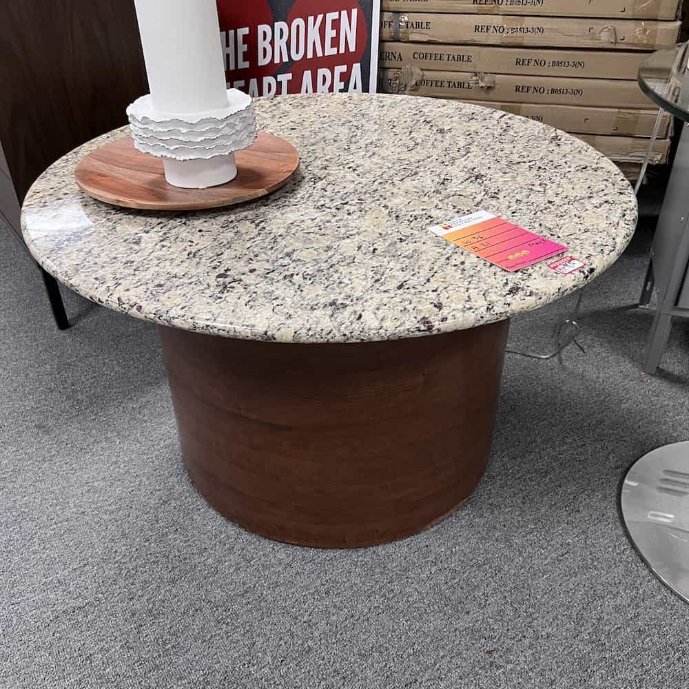 granite top round coffee table, modern, cherry round base veneer wood