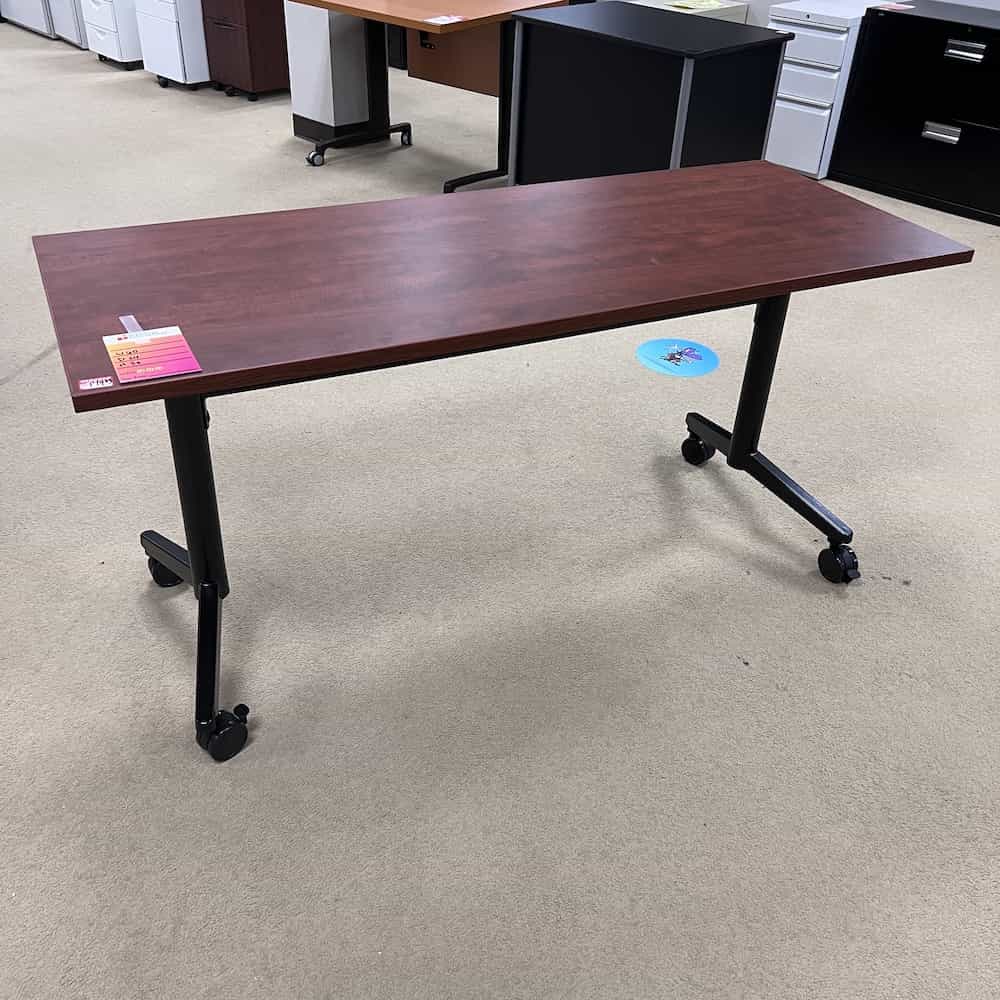 cherry training table with black legs rolling, flip top