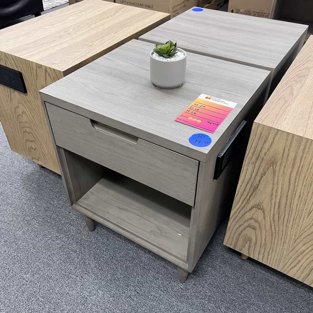 light taupe grey 2 drawer nightstand with electrical port on the right side