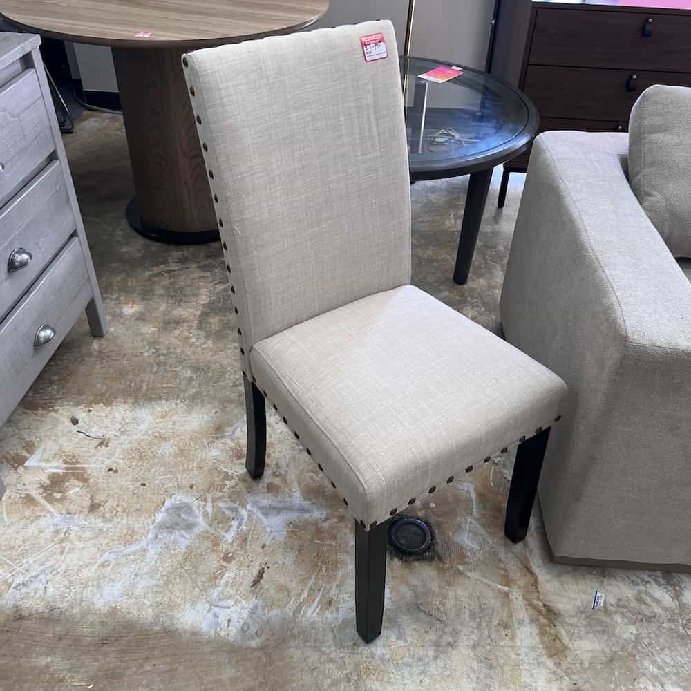 beige and espresso parson chair with rivets