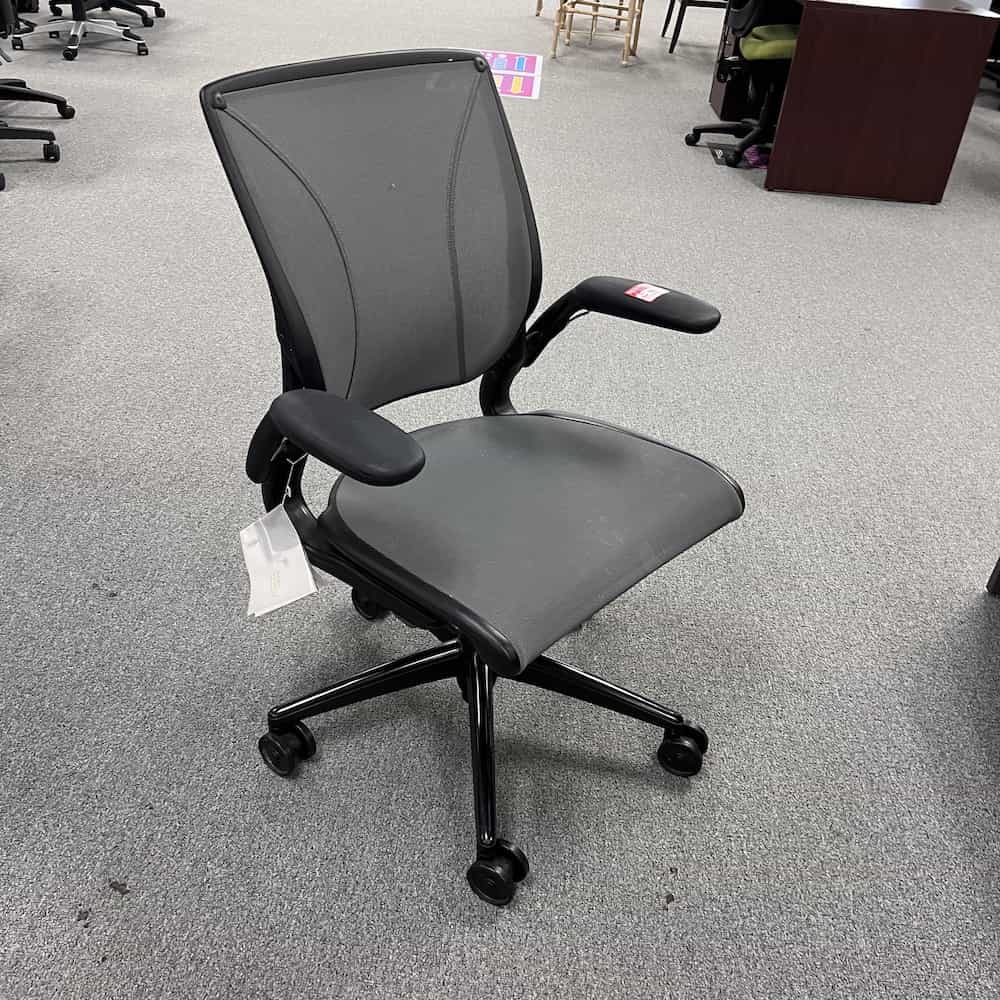 dark grey and black humanscale diffrient world chair office